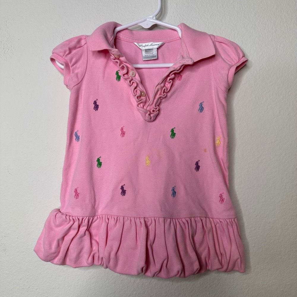 Ralph Lauren Baby Girls Pink Multi Pony Ruffle Polo Bubble Hem Top 12M